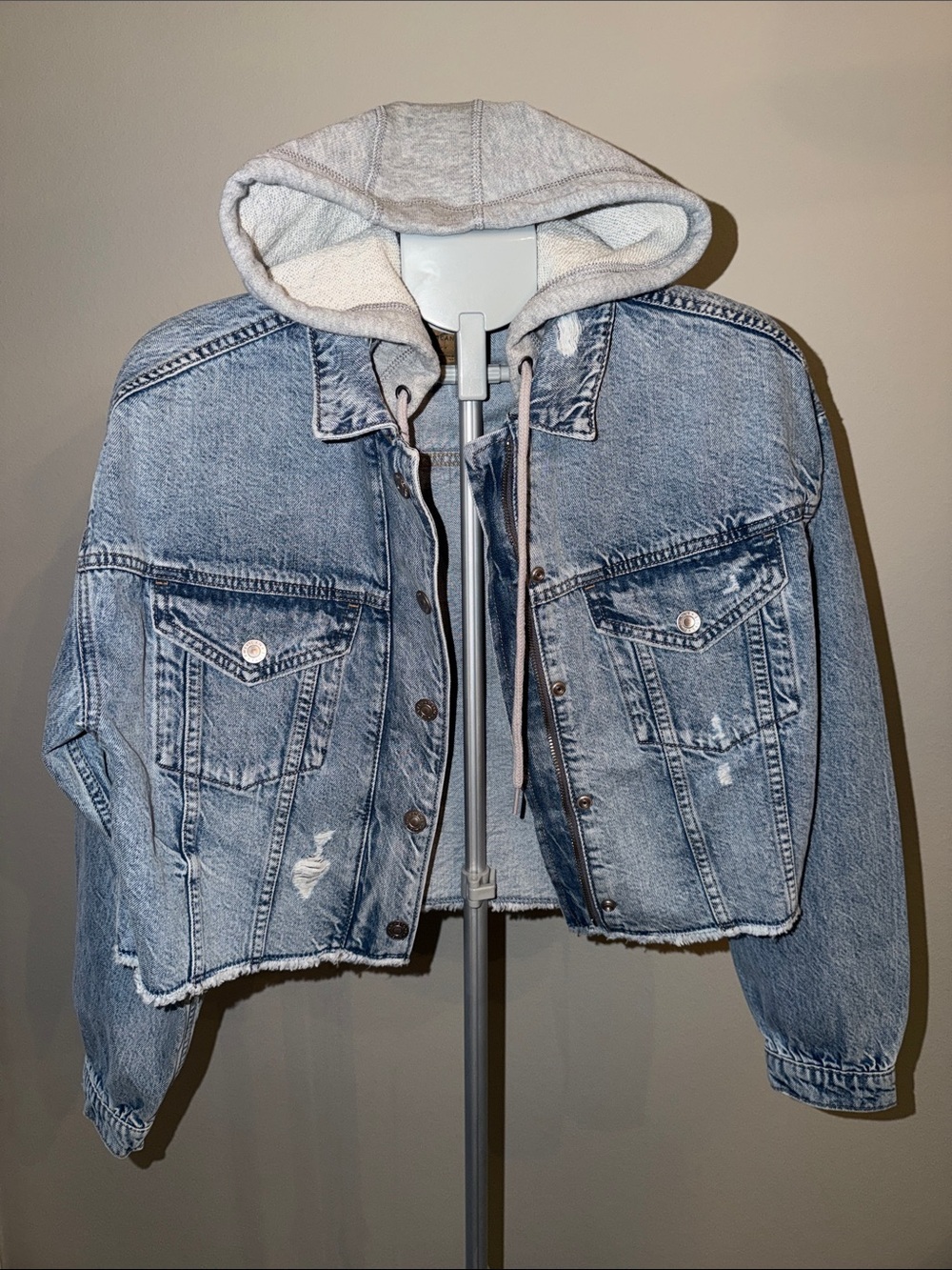 American Eagle Denim Crop Jacket with Grey Hoodie Layer